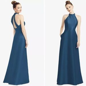 NWT Alfred Sung High Neck Cutout Satin Twill Gown Dress Size 2 & 14 D772 Pockets